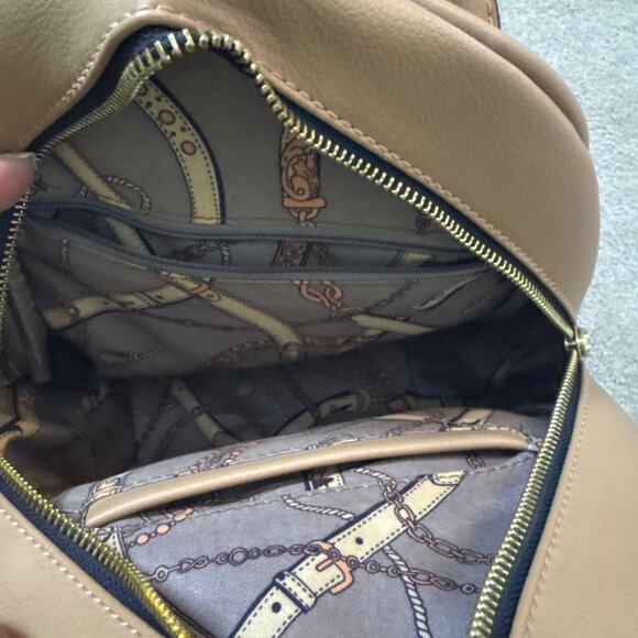 Tan Faux Leather Mini Backpack With Gold Hardware & Chain Print Lining - Picture 3 of 5